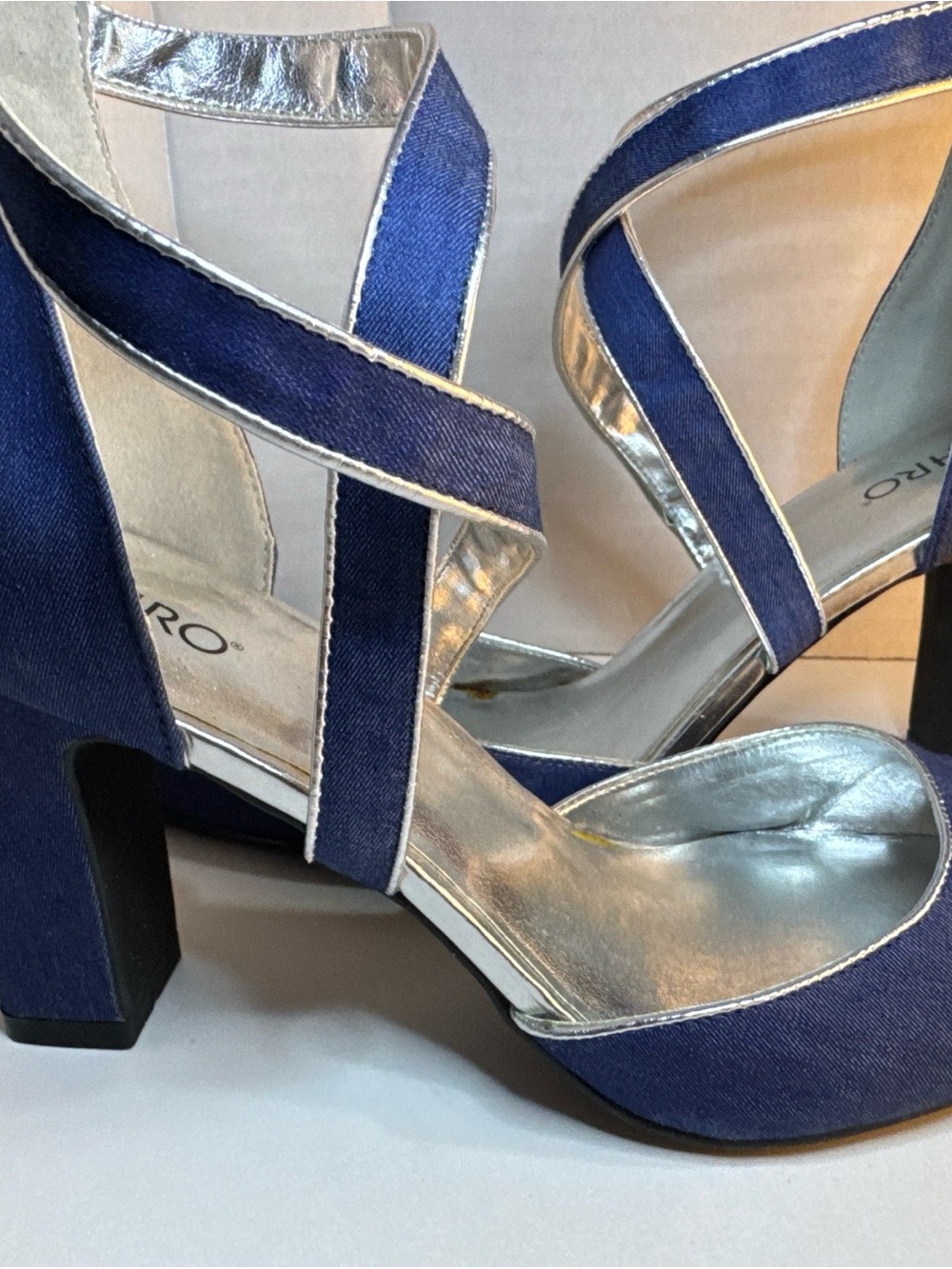 Ashro Navy Blue Strappy Block Heel Sandals with Silver Accents
